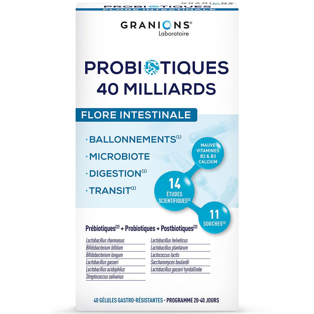 Boîte de probiotiques Granions, 40 milliards, flore intestinale. Contient 11 souches, 14 études. Contient vitamines.