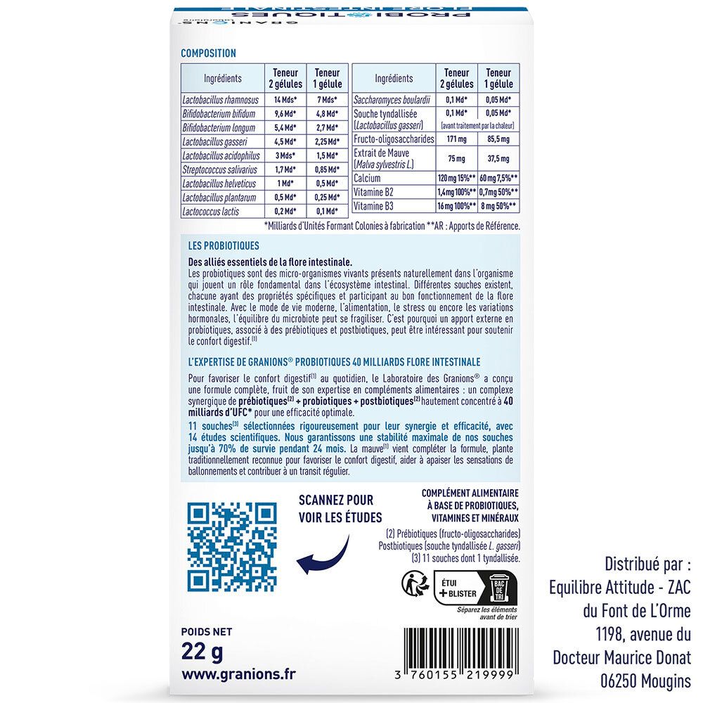 Dos de la boîte de probiotiques Granions. Texte : composition, ingrédients, informations nutritionnelles, code QR, adresse.