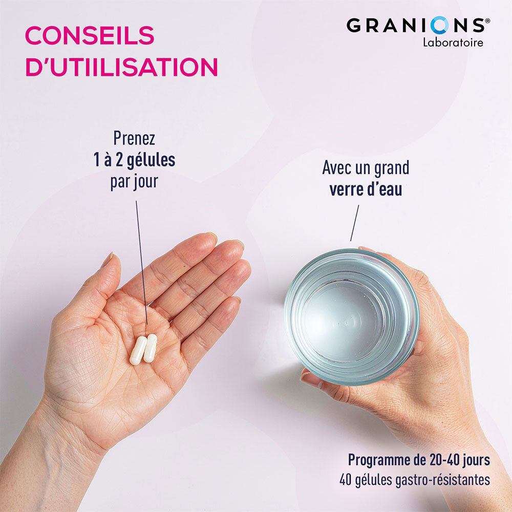 Mains tenant deux gélules et un verre d'eau. Texte : 1 à 2 gélules par jour.