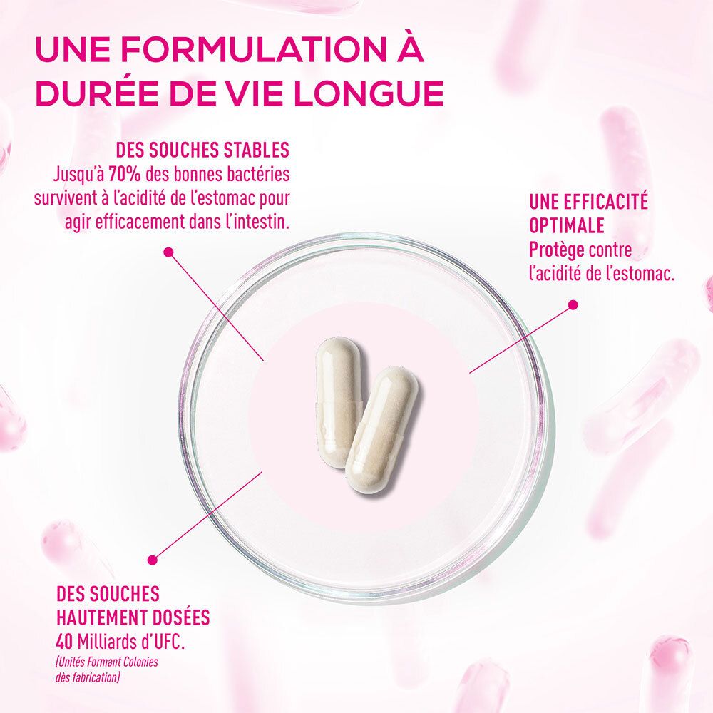 Deux gélules dans une boîte de Pétri. Texte : DES SOUCHES HAUTEMENT DOSÉES, 40 Milliards d'UFC.