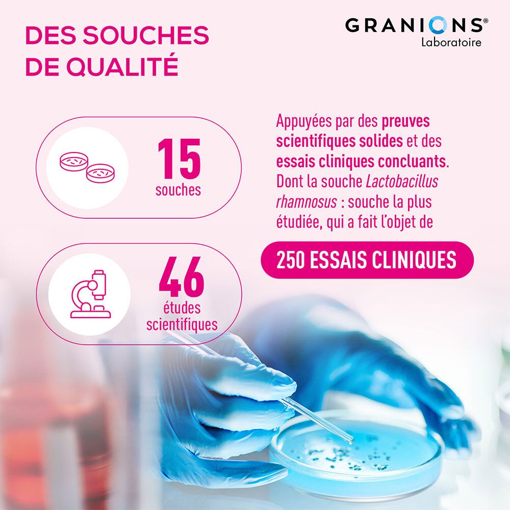 Travail de laboratoire. Texte : DES SOUCHES DE QUALITÉ, 15 souches, 46 études scientifiques, 250 essais cliniques.
