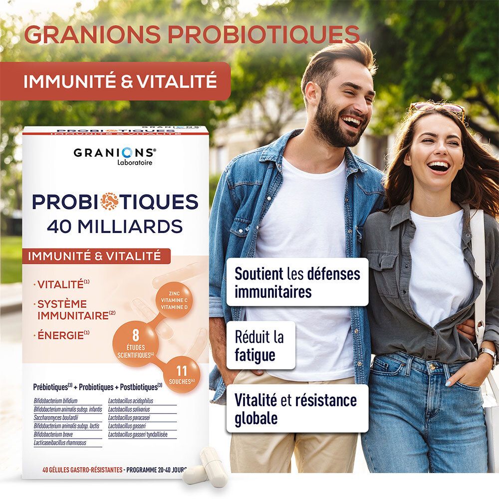 Couple avec GRANIONS PROBIOTIQUES 40 MILLIARDS. Texte : Soutient les défenses immunitaires, réduit la fatigue, vitalité globale.