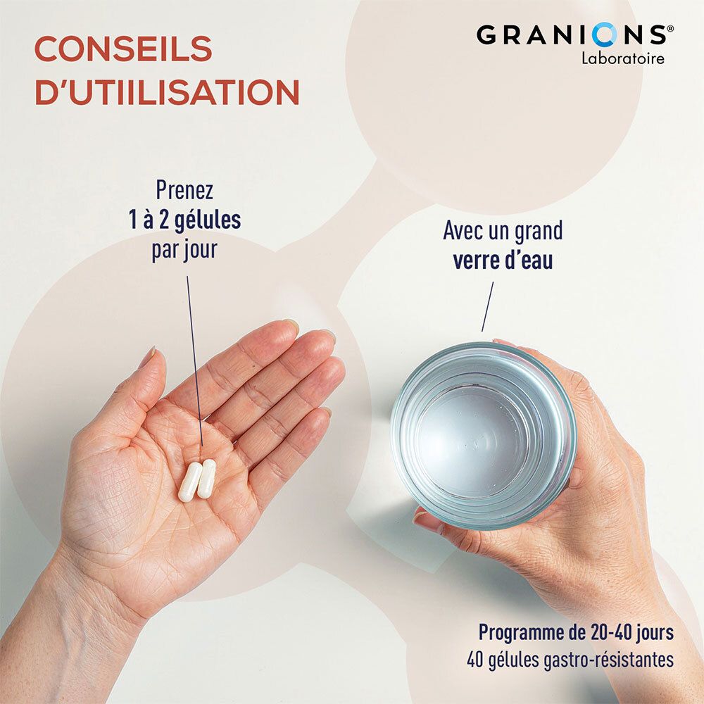 Mains avec 2 gélules et verre d'eau. Texte : 1 à 2 gélules par jour. Avec un grand verre d'eau.