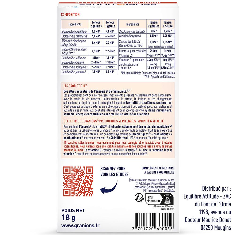 Dos de la boîte avec ingrédients et informations. Code QR à scanner.