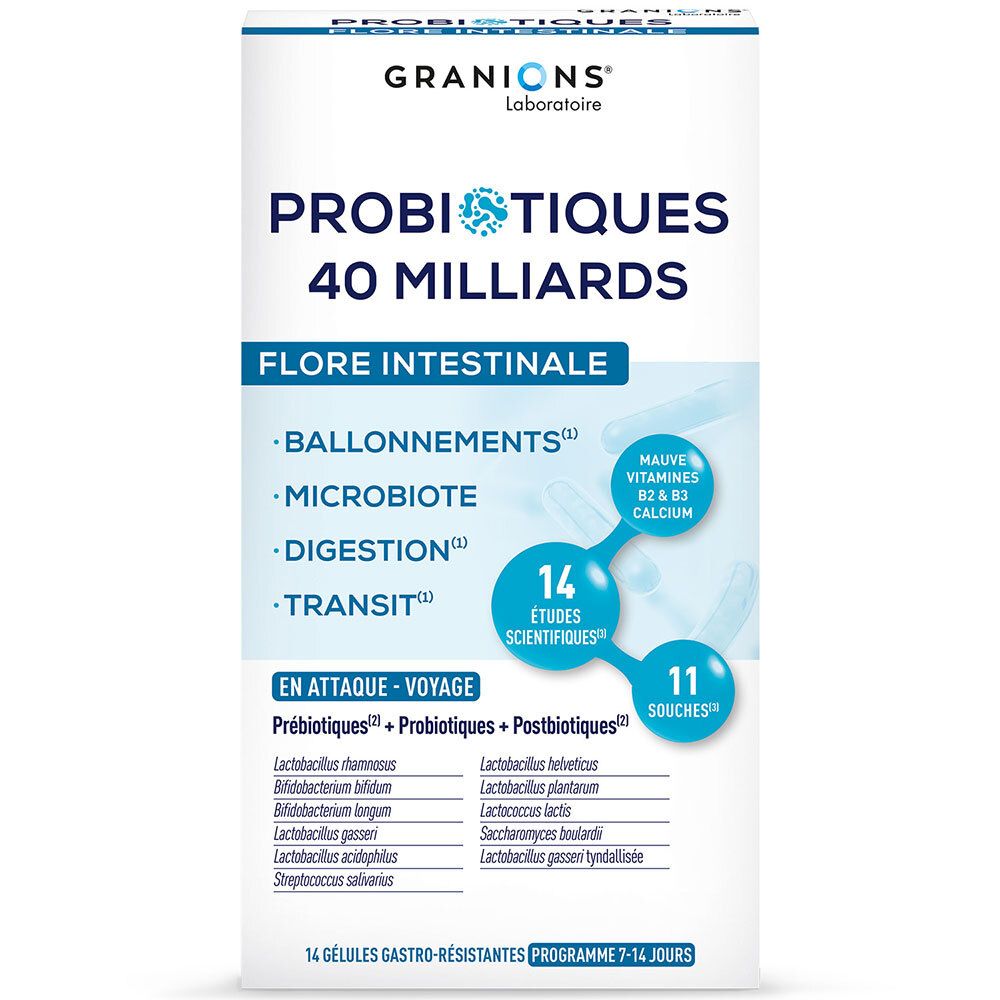 Boîte de GRANIONS PROBIO INTEST GELUL. Inscription : PROBIOTIQUES 40 MILLIARDS, Flore Intestinale. 14 gélules.