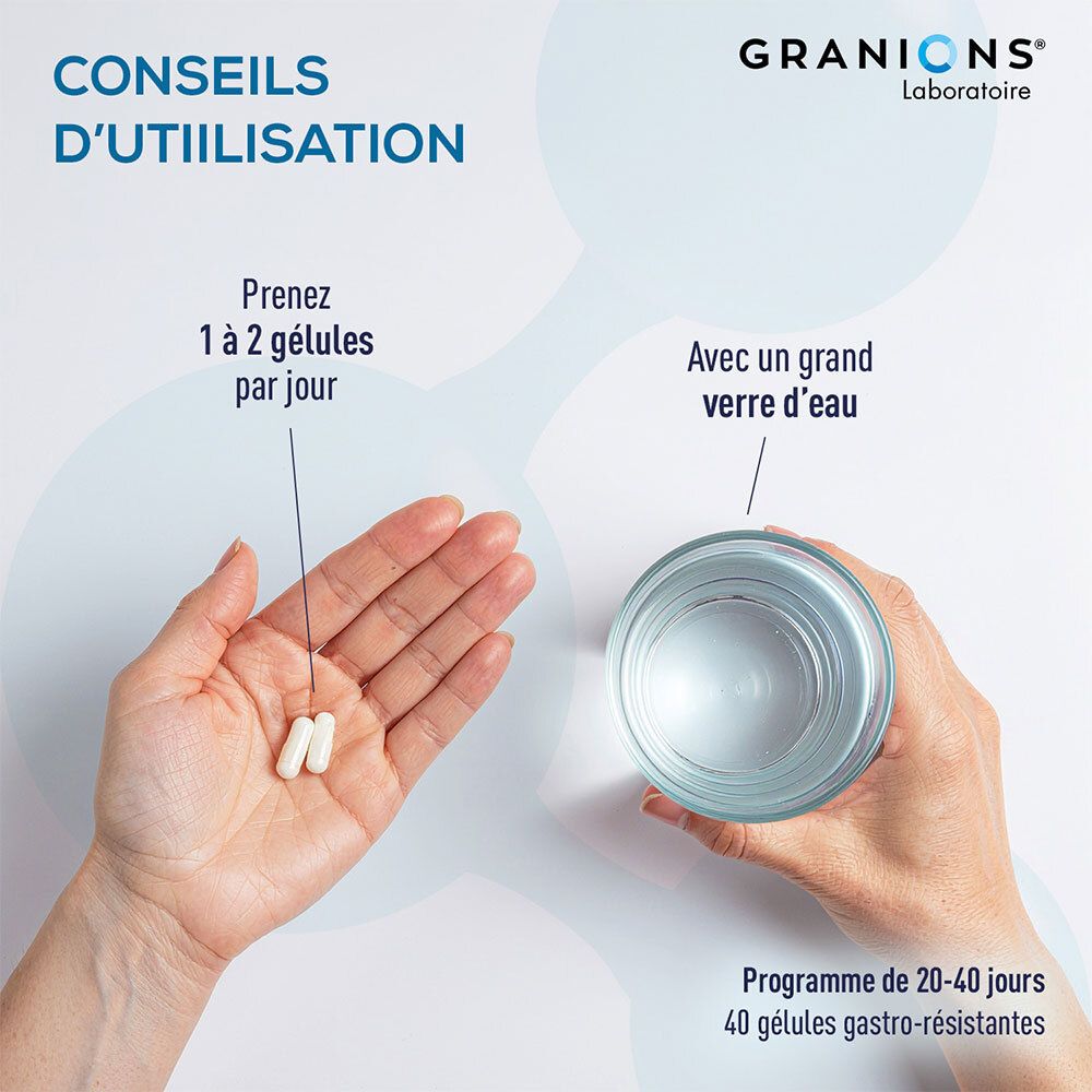 Mains tenant 2 gélules et un verre d'eau. Texte : Prenez 1 à 2 gélules par jour. Programme de 20-40 jours.