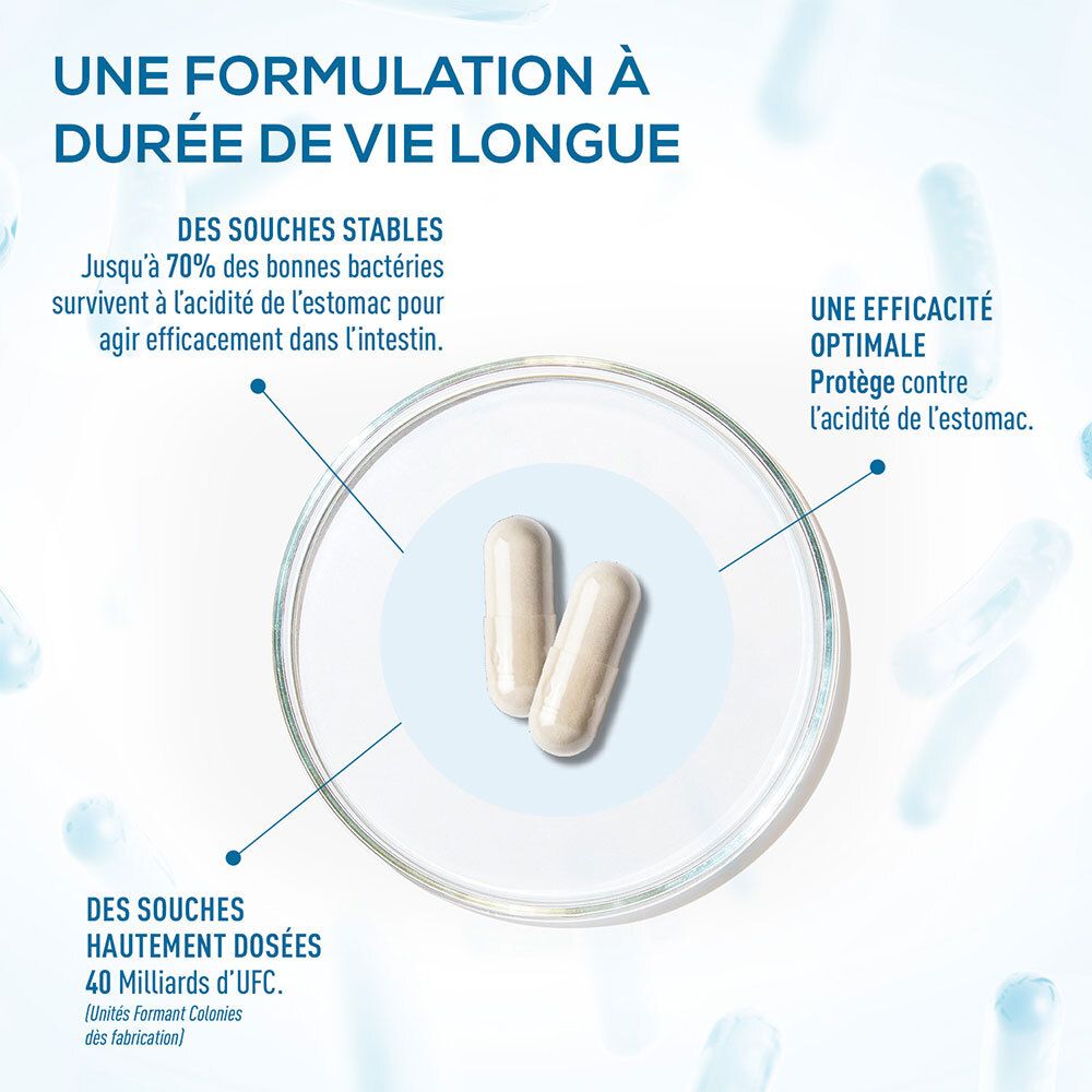 Deux gélules dans une boîte de Pétri. Texte : Des souches stables. Une efficacité optimale. Des souches hautement dosées.
