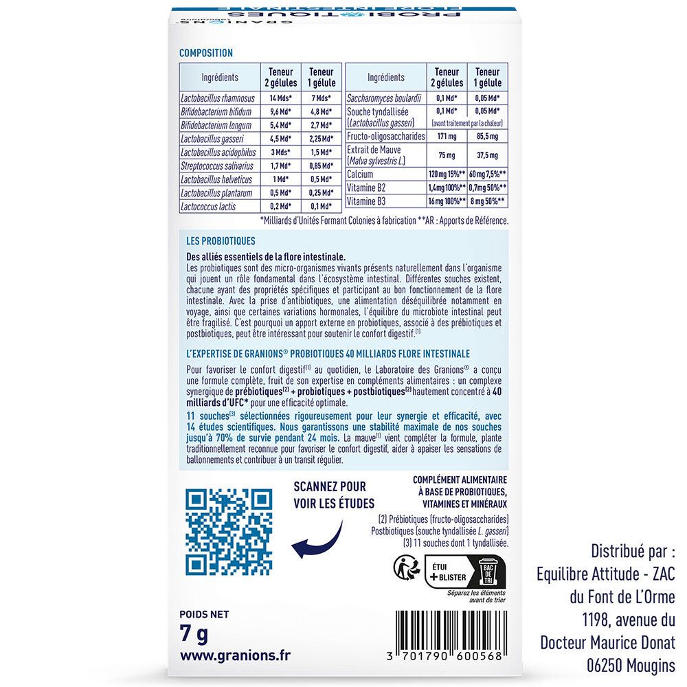 Dos du paquet GRANIONS PROBIOTIQUES. Texte : Composition, Les probiotiques, L'Expertise de GRANIONS.
