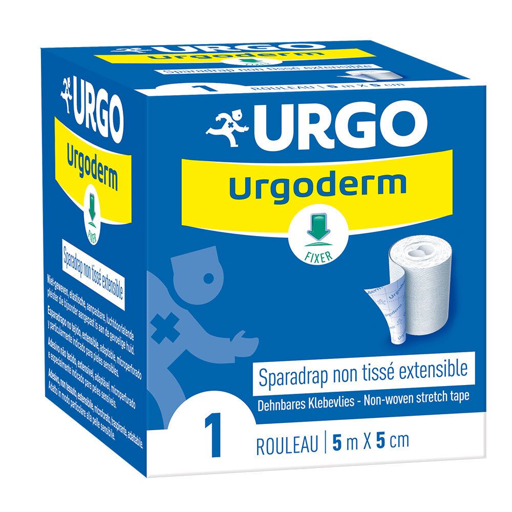 Rouleau de sparadrap Urgo Urgoderm, 5m x 5cm, non tissé extensible.