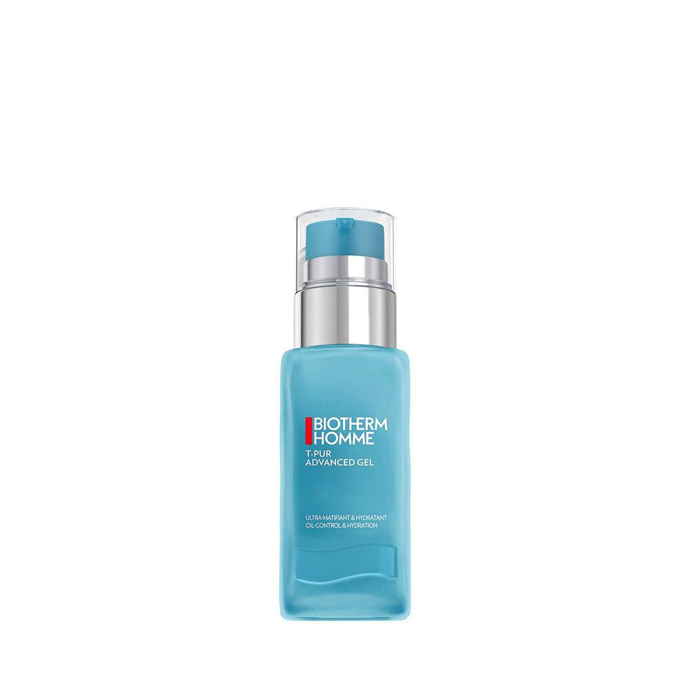 Gel bleu en flacon rectangulaire avec pompe. Tête de pompe argentée. BIOTHERM HOMME, T-PUR ADVANCED GEL.