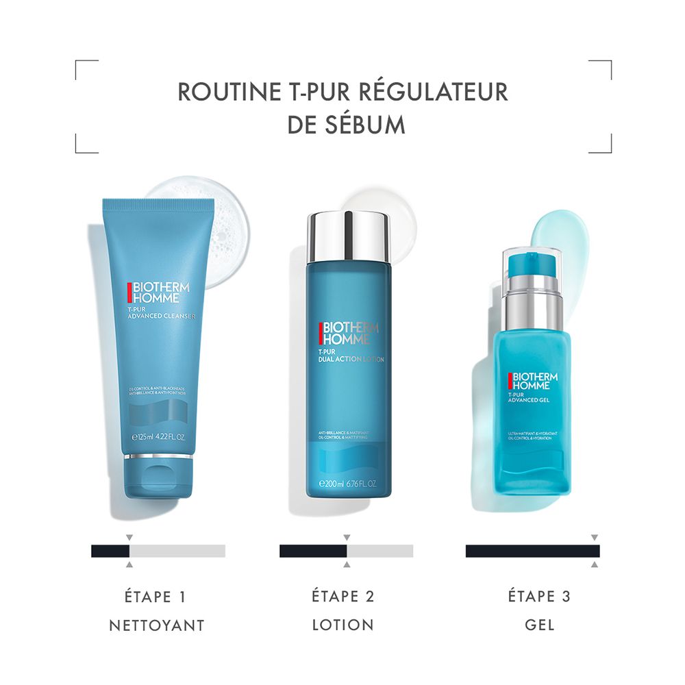 Routine Biotherm T-PUR : Nettoyant, Lotion et Gel flacon pompe.