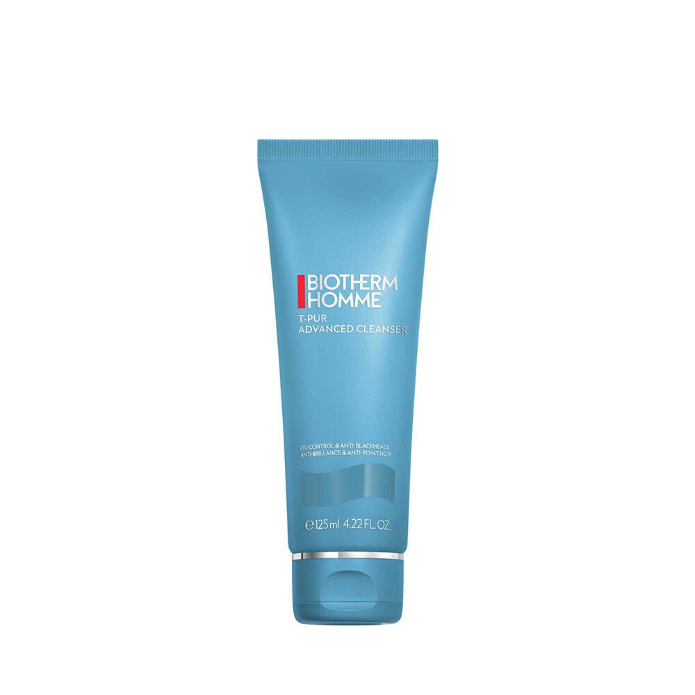 Tube bleu turquoise avec texte blanc. BIOTHERM HOMME, T-PUR ADVANCED CLEANSER. En bas: 125ml 4.22 fl.oz.