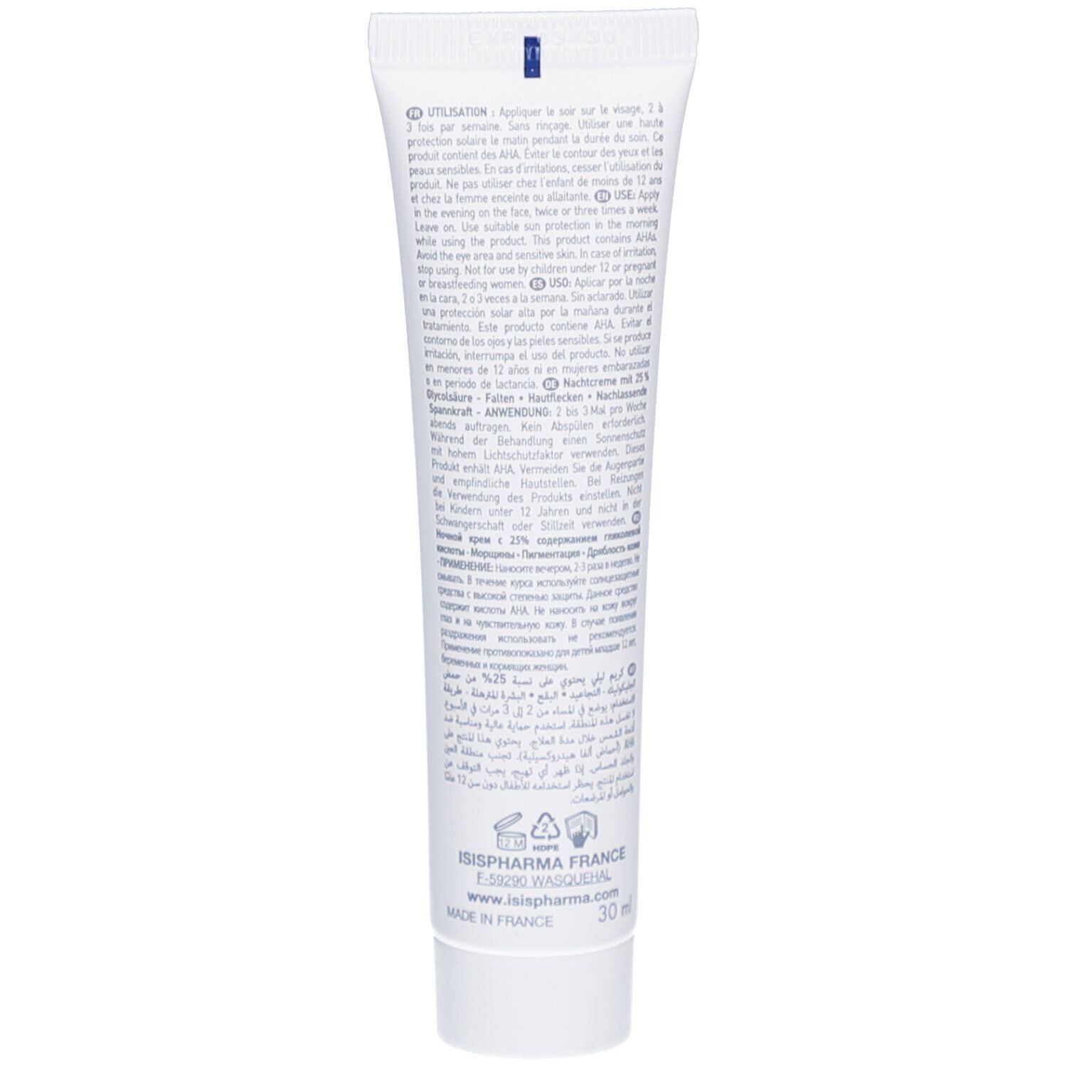 Dos du tube. Texte multilingue. Marque: ISIPHARMA.