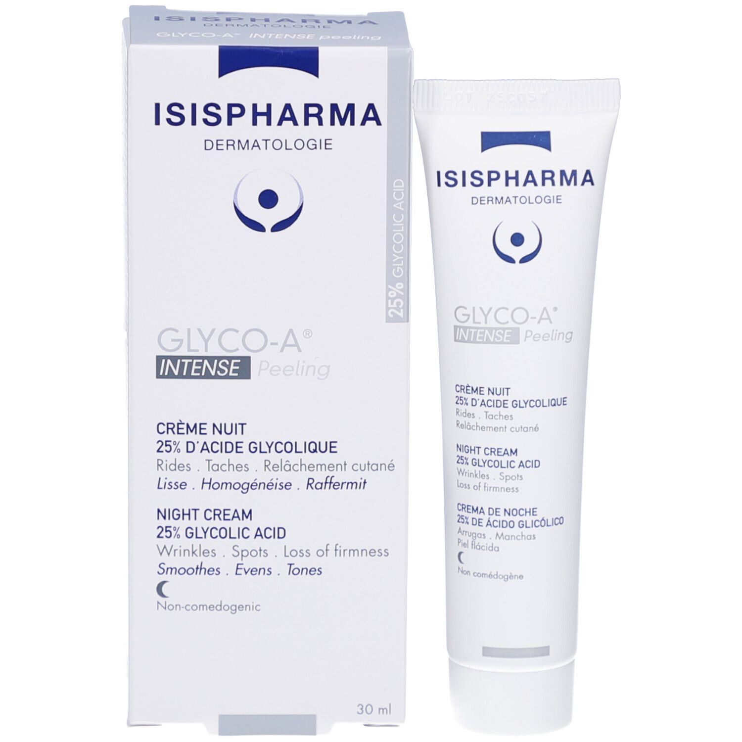 Emballage et tube. Emballage blanc, texte bleu. Crème de nuit. Marque: ISIPHARMA.