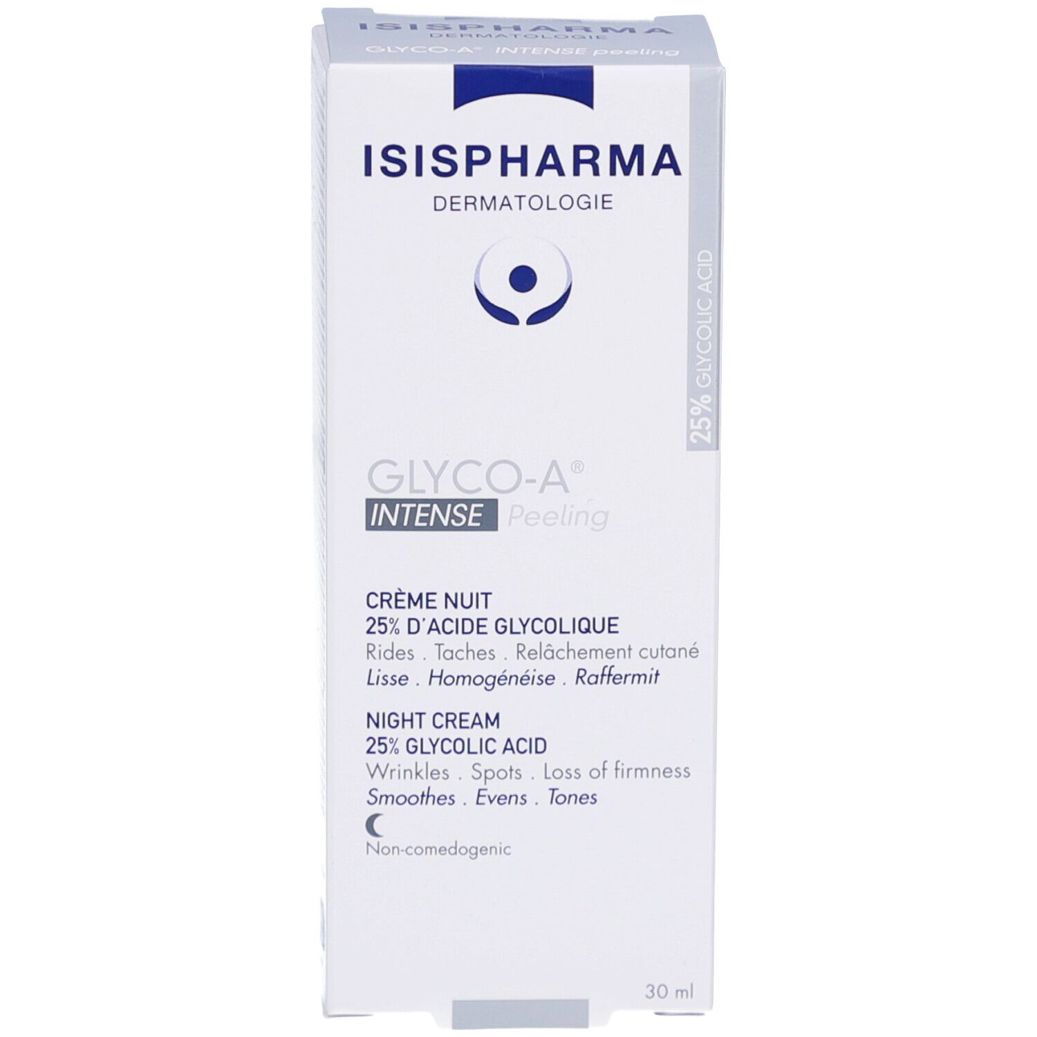 Emballage produit. Blanc, texte bleu. Crème de nuit 25% acide glycolique. Marque: ISIPHARMA.