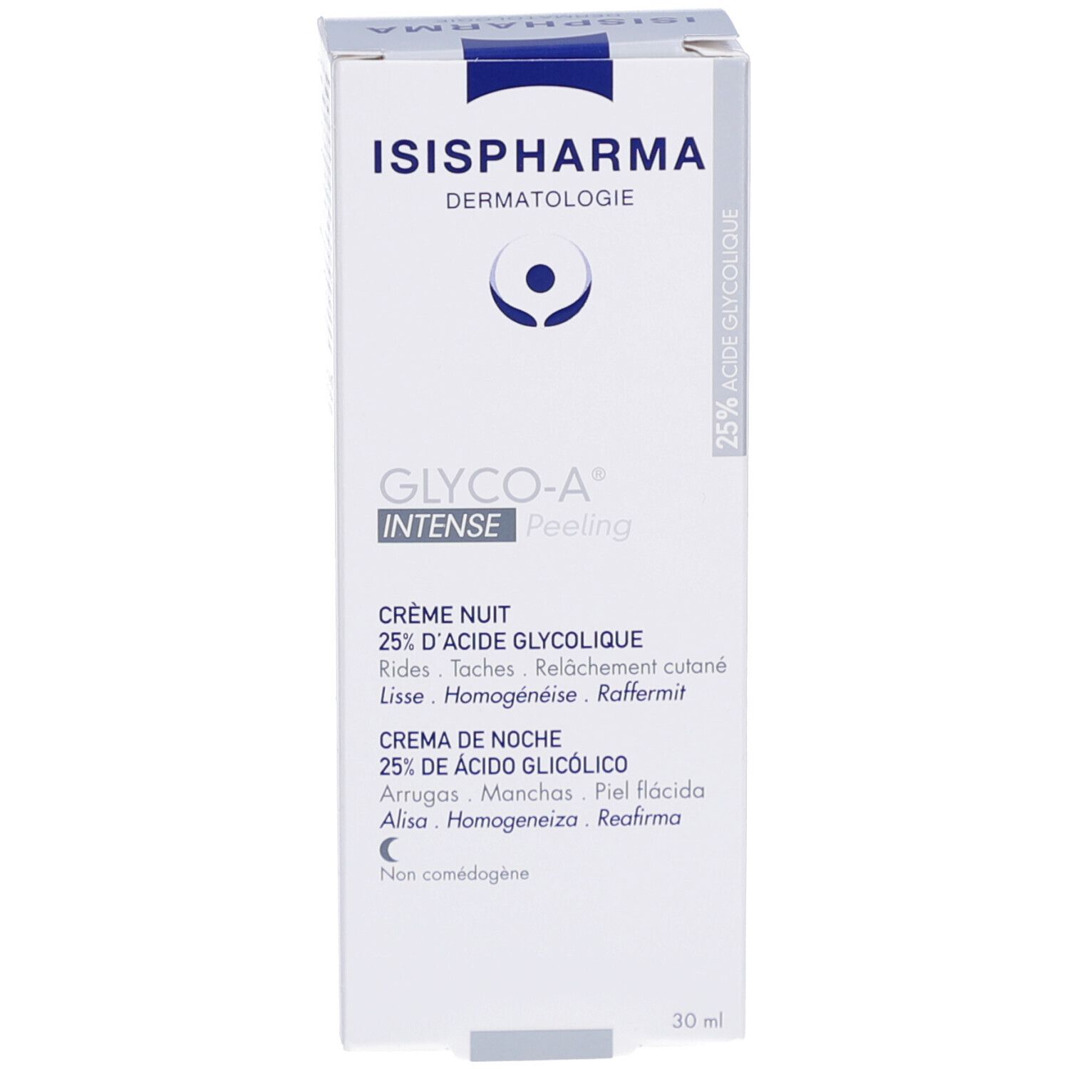 Emballage produit. Blanc, texte bleu. Crème de nuit 25% acide glycolique. Marque: ISIPHARMA.