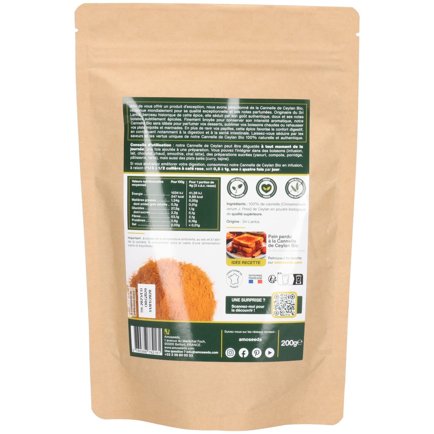 Dos du sachet CANNELLE DE CEYLAN EN POUDRE BIO. Texte, tableau nutritionnel, liste des ingrédients, code QR, certifications.