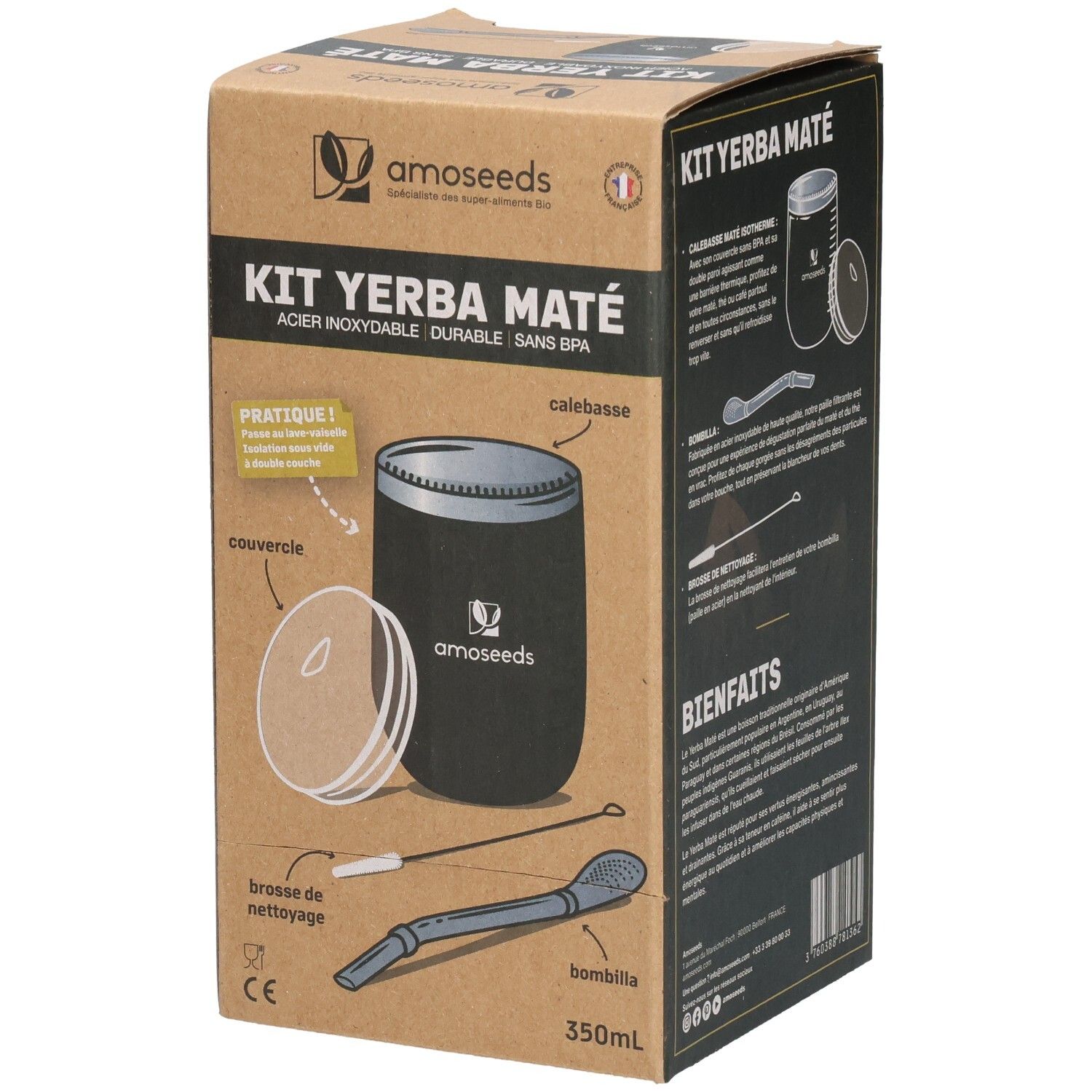 Boîte de kit Yerba Maté. Contient calebasse, couvercle, bombilla et brosse. Marque : amoseeds. Texte : KIT YERBA MATÉ.
