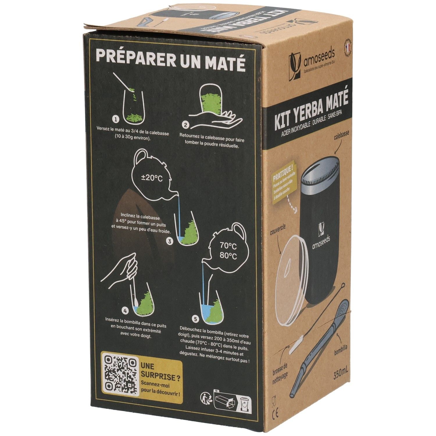 Instructions de préparation du maté sur l'emballage. Illustrations et indications de température. Marque : amoseeds. Texte : PRÉPARER UN MATÉ.