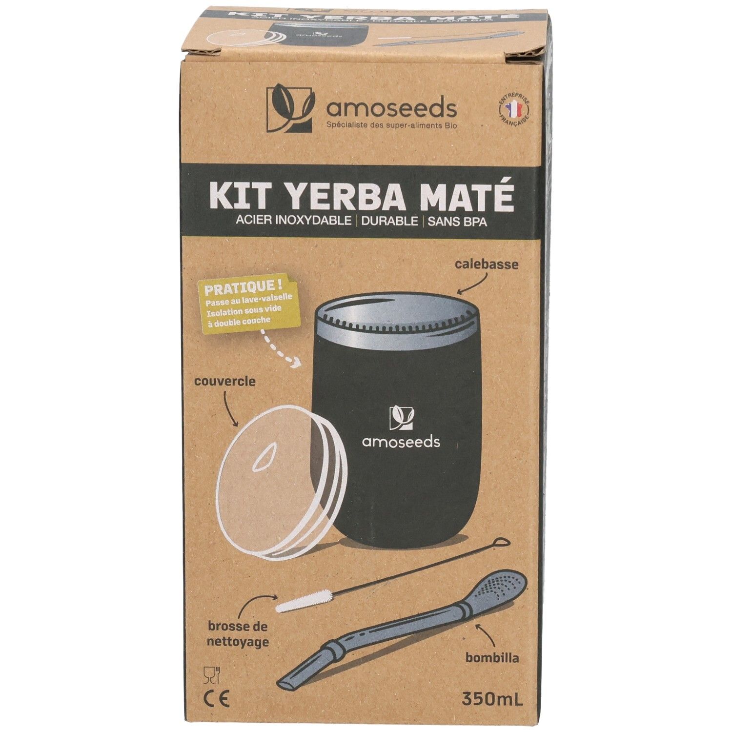 Boîte de kit Yerba Maté. Contient calebasse, couvercle, bombilla et brosse. Marque : amoseeds. Texte : KIT YERBA MATÉ.