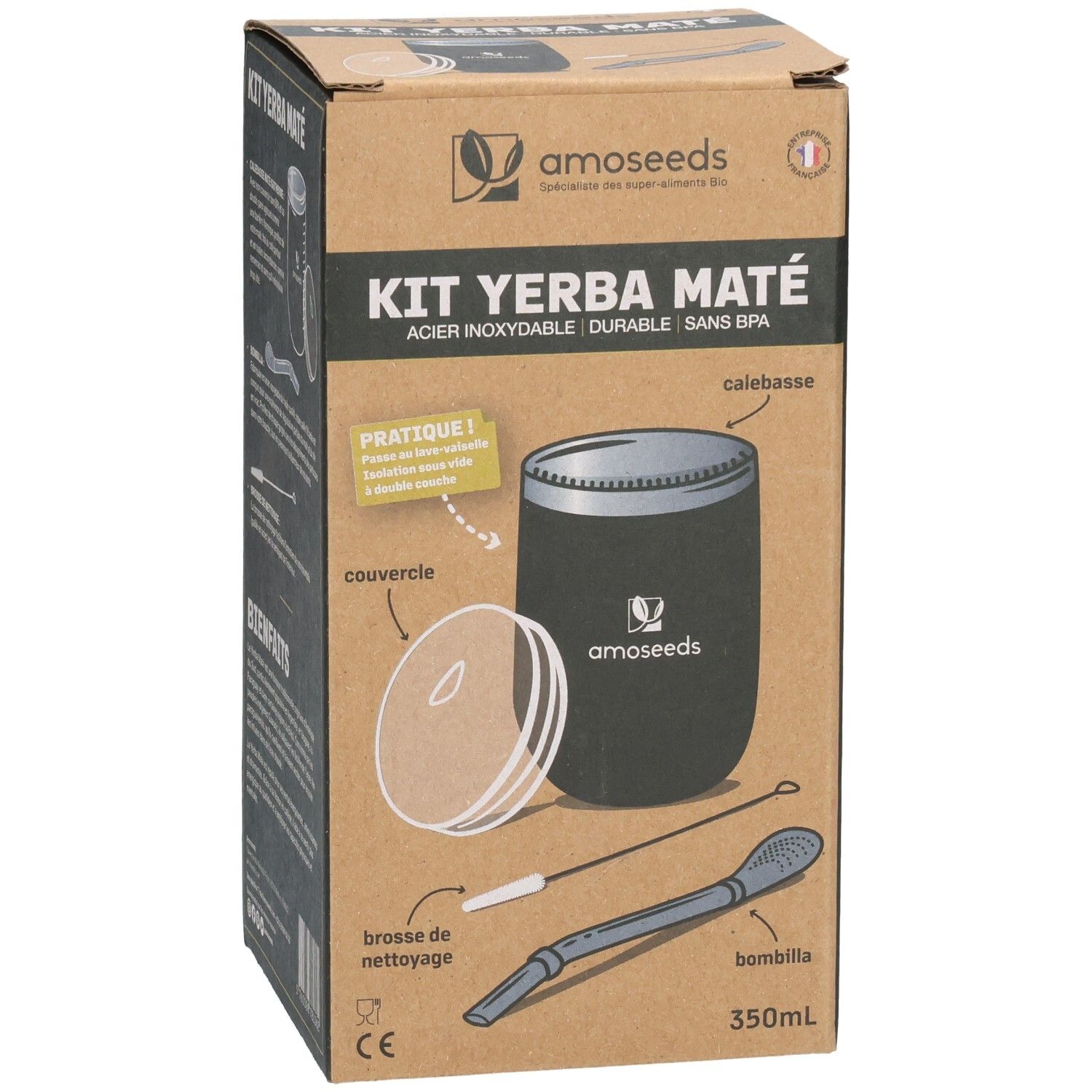 Boîte de kit Yerba Maté. Contient calebasse, couvercle, bombilla et brosse. Marque : amoseeds. Texte : KIT YERBA MATÉ.