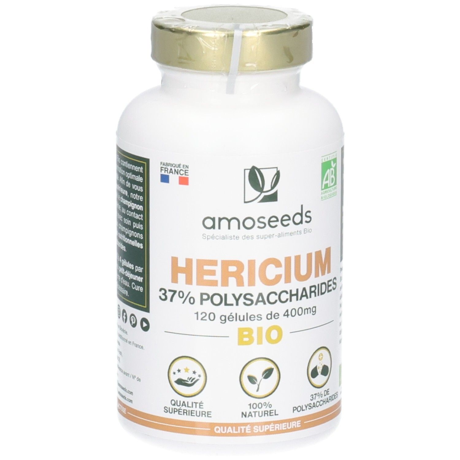 Flacon blanc avec bouchon doré. Inscription: HERICIUM 37% POLYSACCHARIDES BIO. 120 gélules.