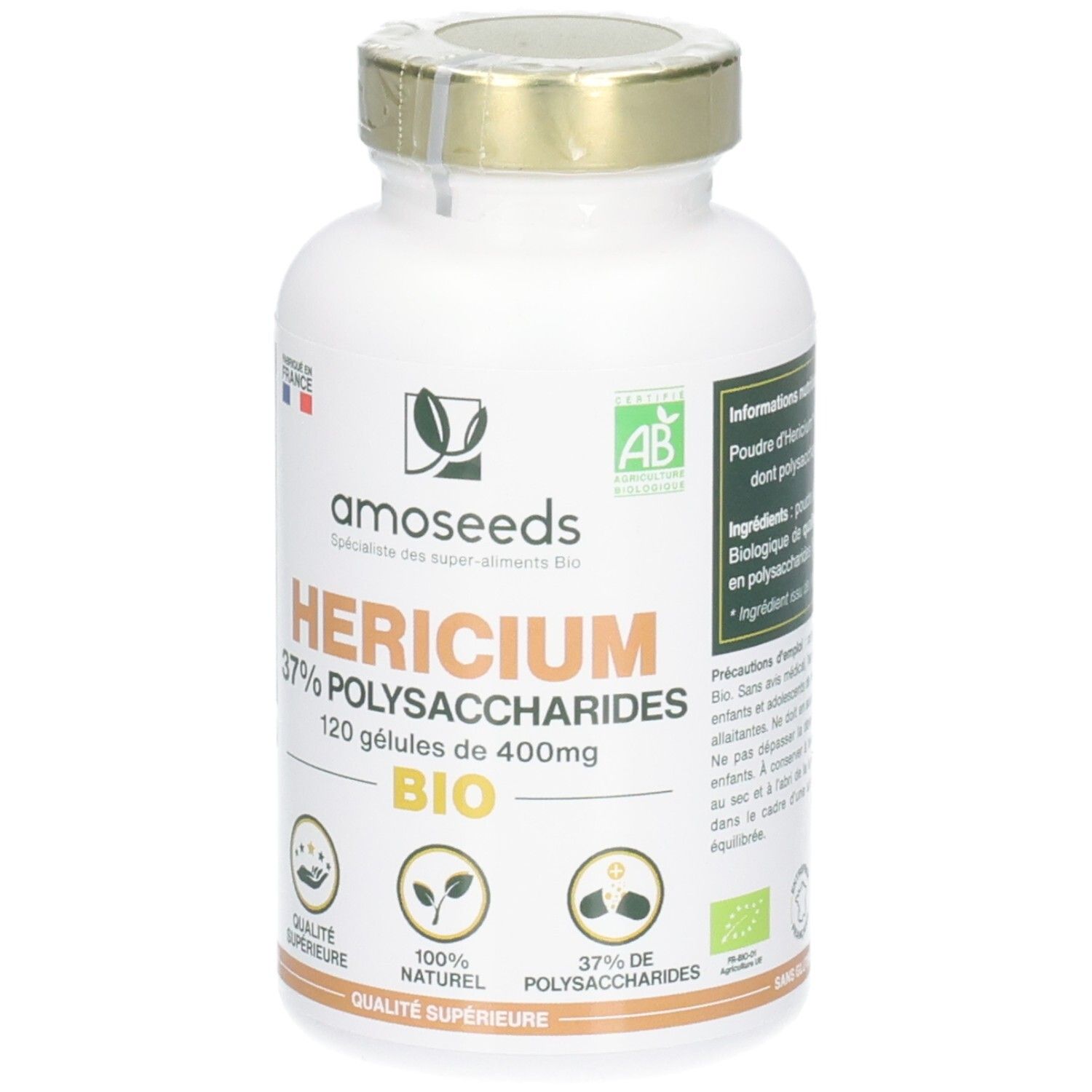 Flacon blanc avec bouchon doré. Inscription: HERICIUM 37% POLYSACCHARIDES BIO. 120 gélules.