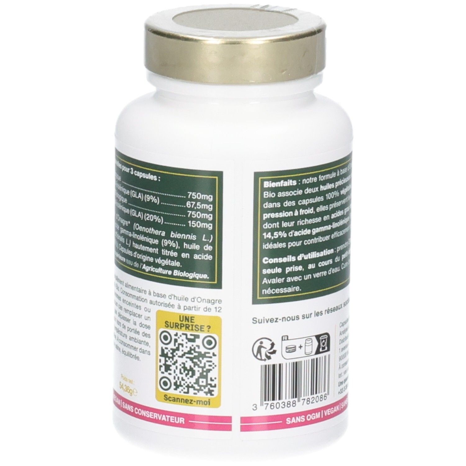 Dos du flacon. Informations textuelles, QR code. Logo vegan. Bande rose en bas.