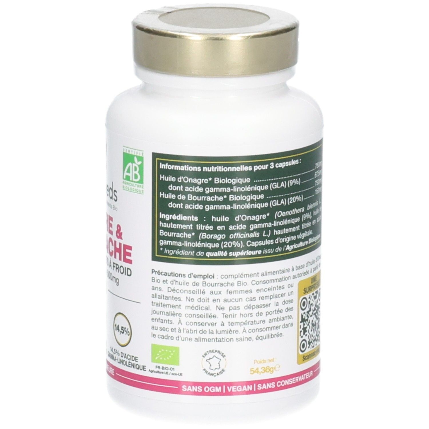 Dos du flacon. Informations textuelles, label AB bio. Logo vegan. Bande rose en bas.