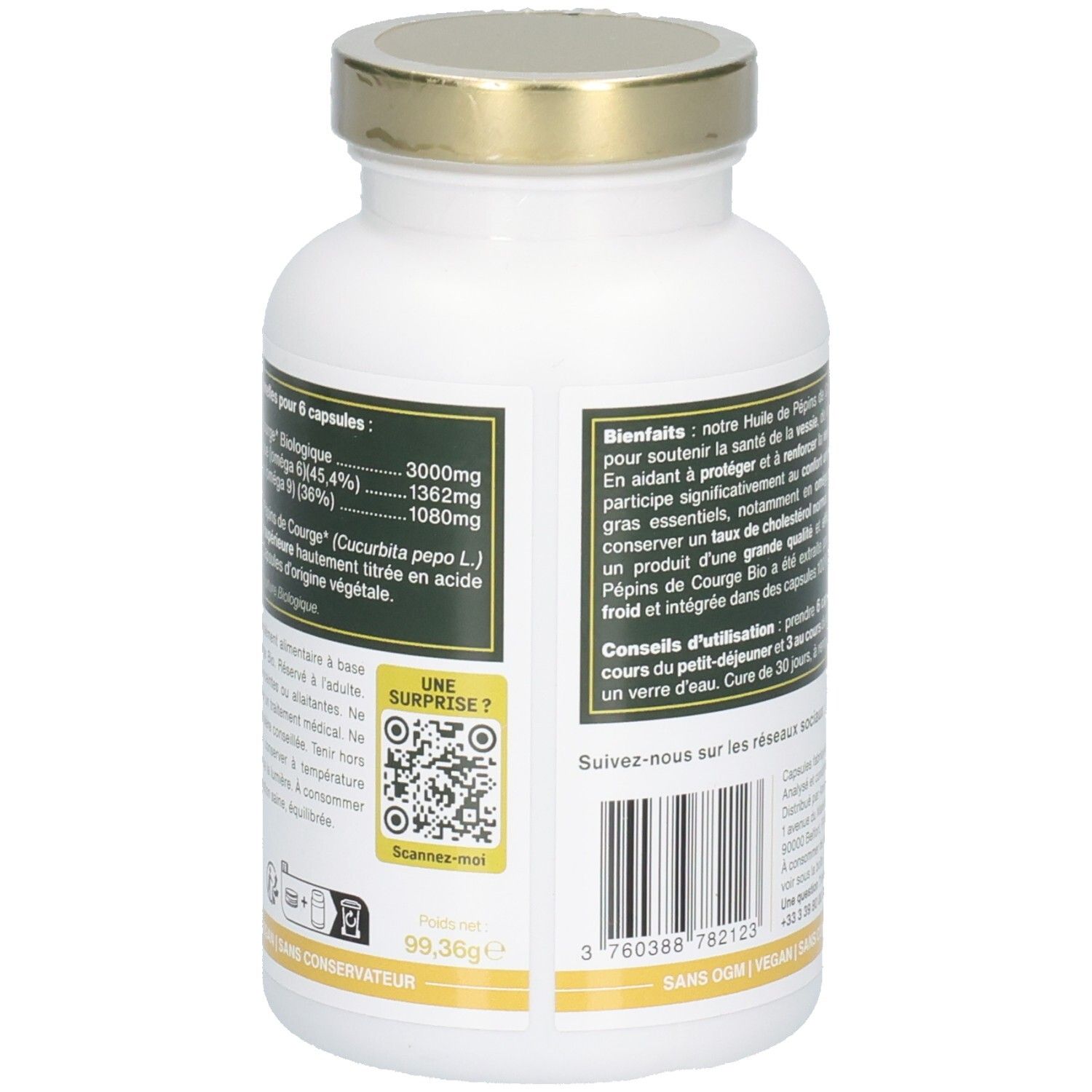 Dos du flacon. Texte avec informations nutritionnelles et QR code. Logos: Vegan, Sans OGM, Sans conservateur.