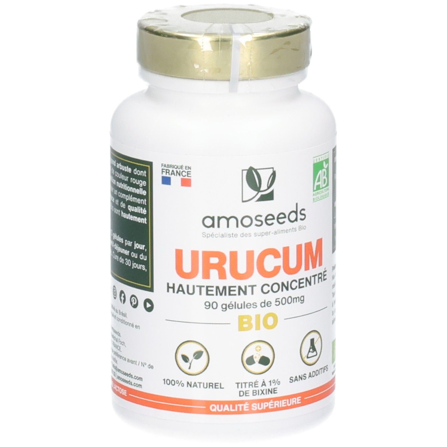 Flacon blanc, bouchon doré. Inscription: URUCUM, 90 gélules, BIO. Logos: amoseeds, AB, 100% naturel. Fabriqué en France.