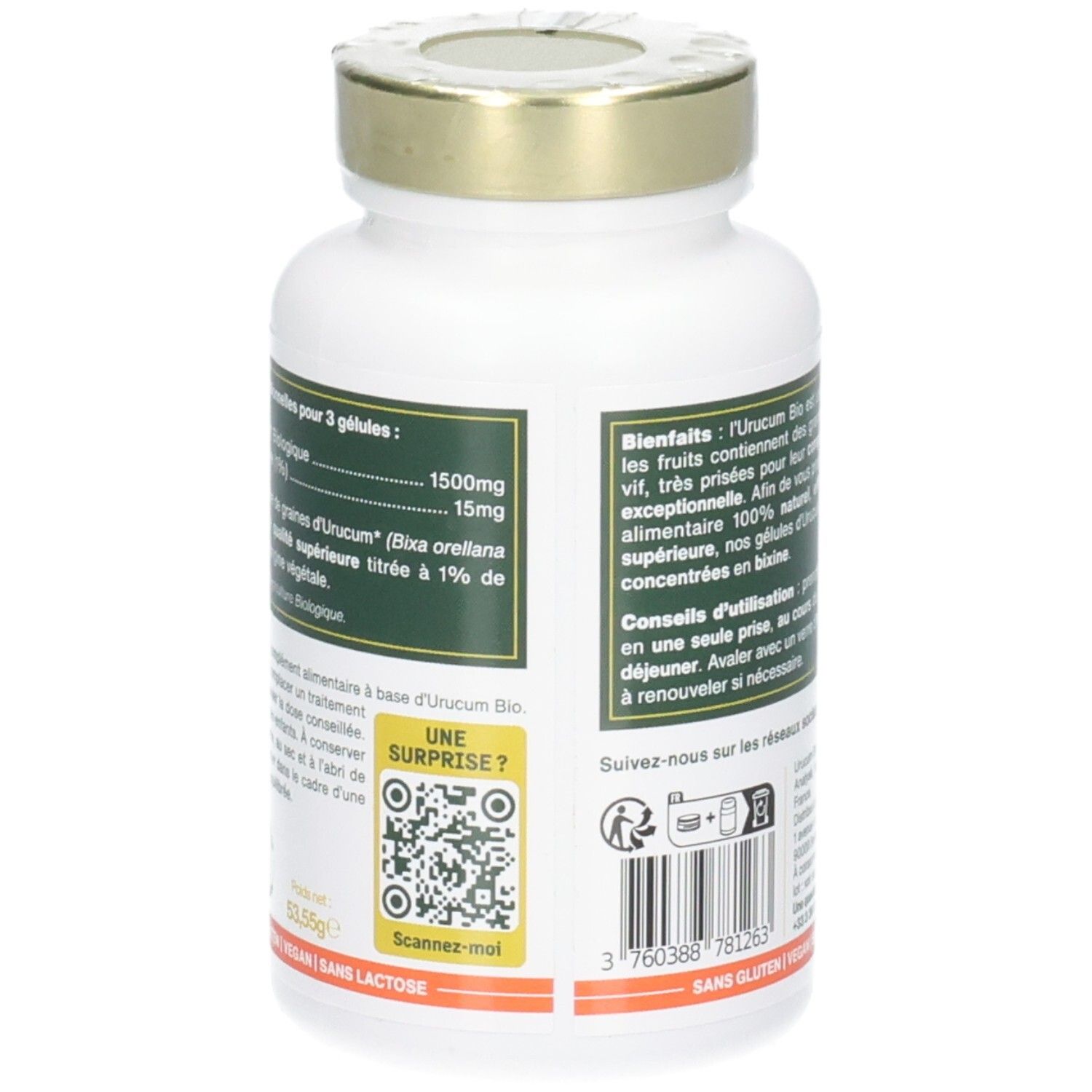 Dos du flacon blanc. Informations sur les ingrédients et le dosage. Code QR. Logos: Vegan, Sans gluten, Sans lactose.