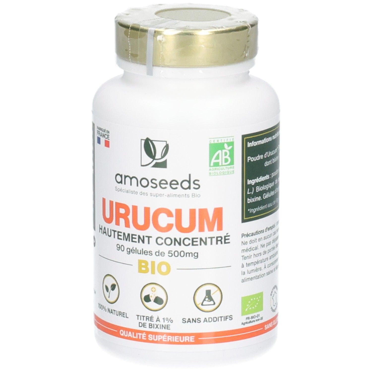 Flacon blanc, bouchon doré. Inscription: URUCUM, 90 gélules, BIO. Logos: amoseeds, AB, 100% naturel. Certifié AB.