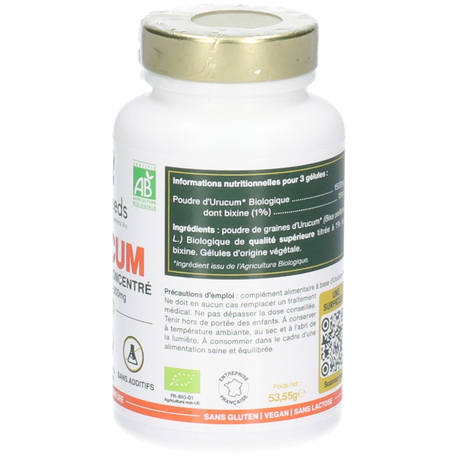 Dos du flacon blanc. Informations sur les ingrédients et le dosage. Logos: AB, Vegan, Sans gluten, Sans lactose.