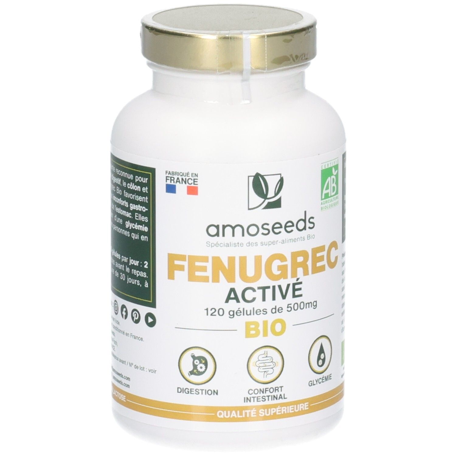 Flacon blanc, bouchon doré. Inscription: FENUGREC ACTIVÉ, 120 gélules de 500mg BIO. Logos: Digestion, Confort intestinal, Glycémie. Fabriqué en France.