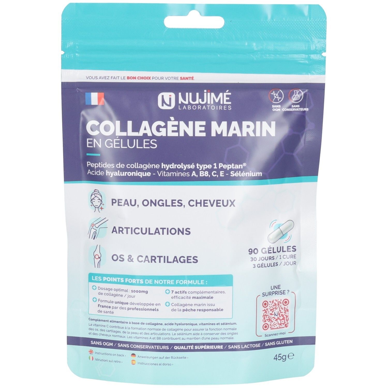 Pack de gélules de collagène marin, 90 gélules, pour peau, ongles, cheveux, articulations, os et cartilages.