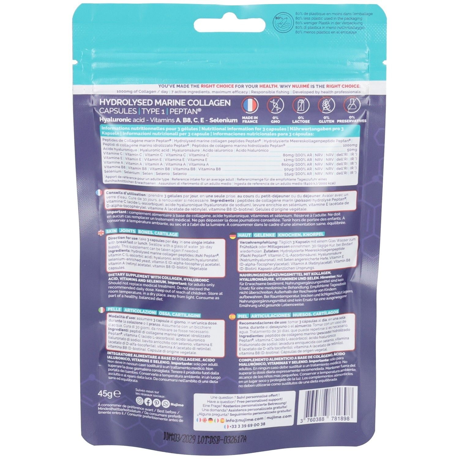 Arrière du pack de gélules de collagène marin, informations nutritionnelles et ingrédients.