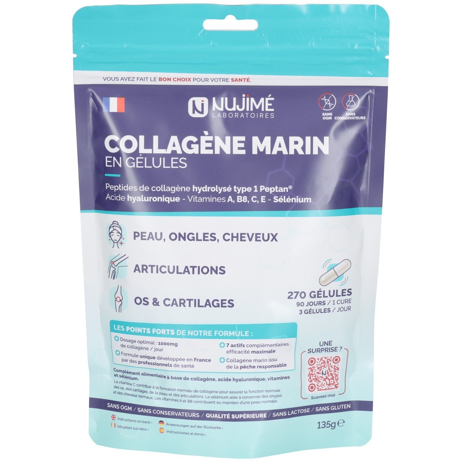 Pack de gélules de collagène marin, 270 unités. Contient du collagène hydrolysé type 1 Peptan, acide hyaluronique, vitamines et sélénium.
