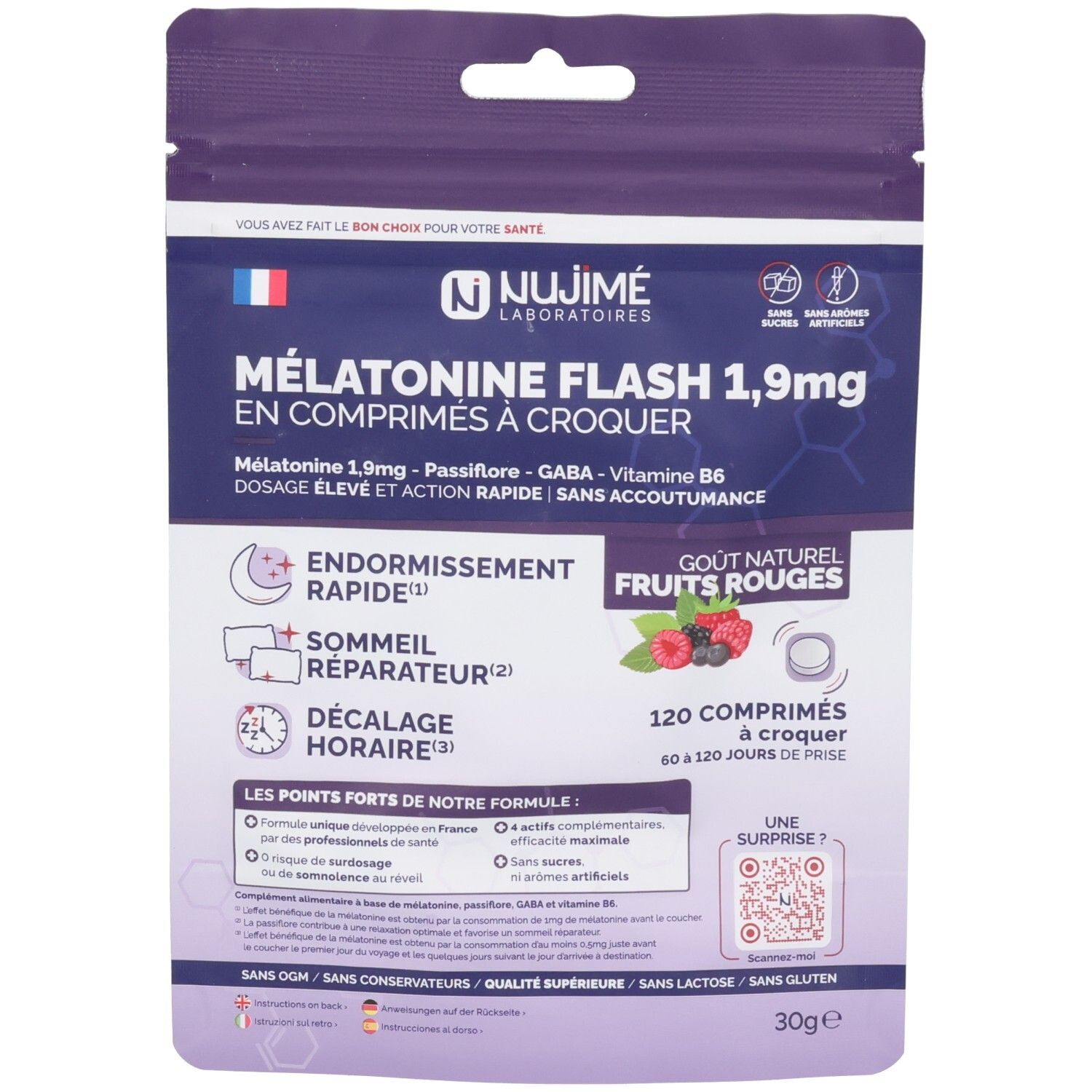 Sachet de comprimés. Inscription: Mélatonine Flash 1,9mg. 120 comprimés. Marque: Nujimé Laboratoires. Goût fruits rouges.