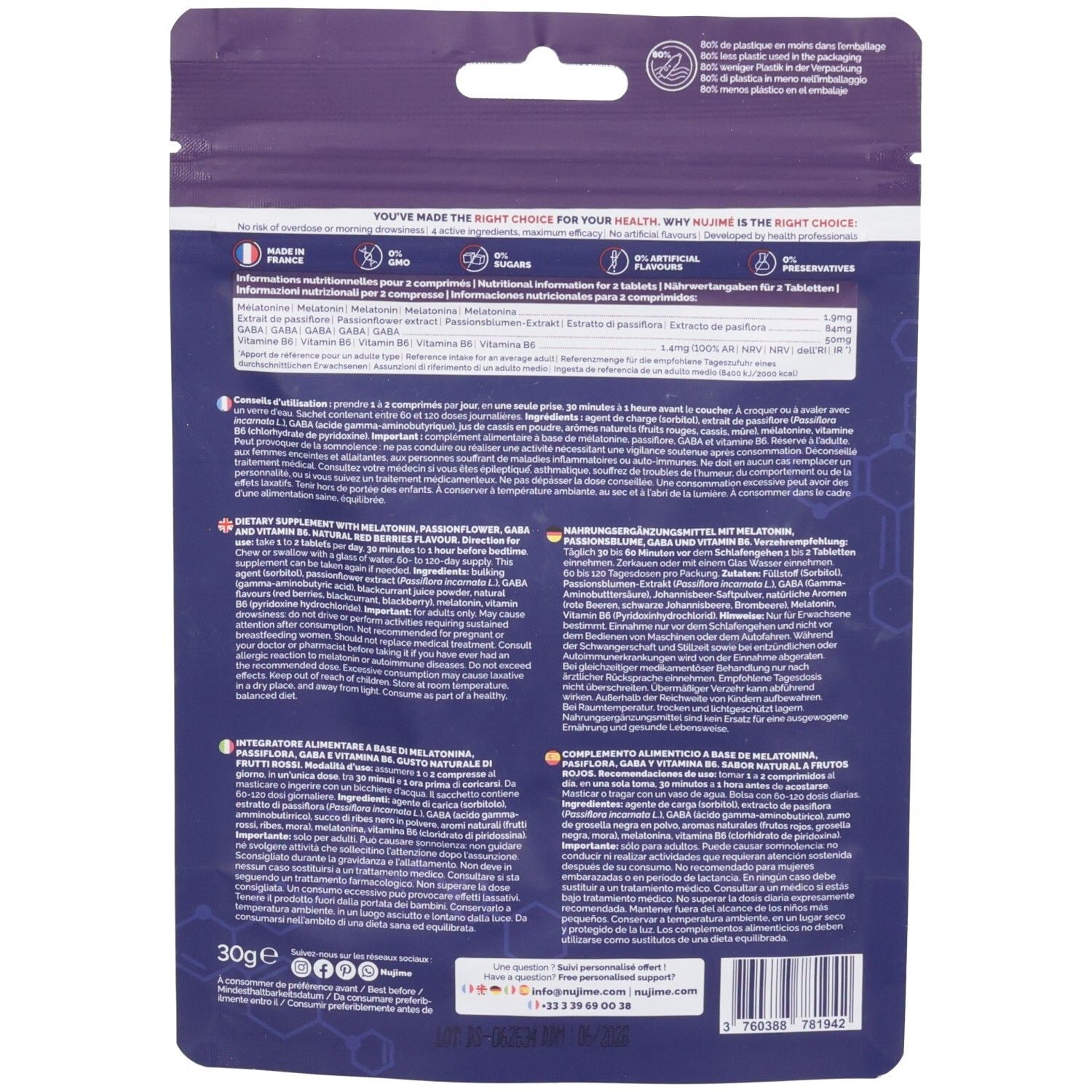 Dos du sachet de comprimés. Contient des informations sur les ingrédients, l'utilisation et les valeurs nutritionnelles.