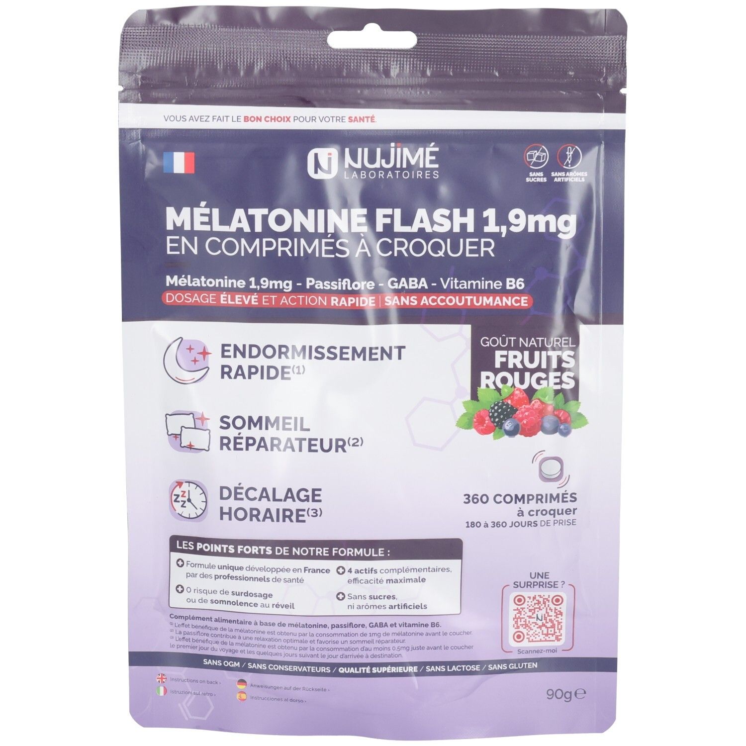 Sachet de comprimés. Inscription: Mélatonine Flash 1,9mg, 360 comprimés. Goût fruits rouges. Nujimé Laboratoires.