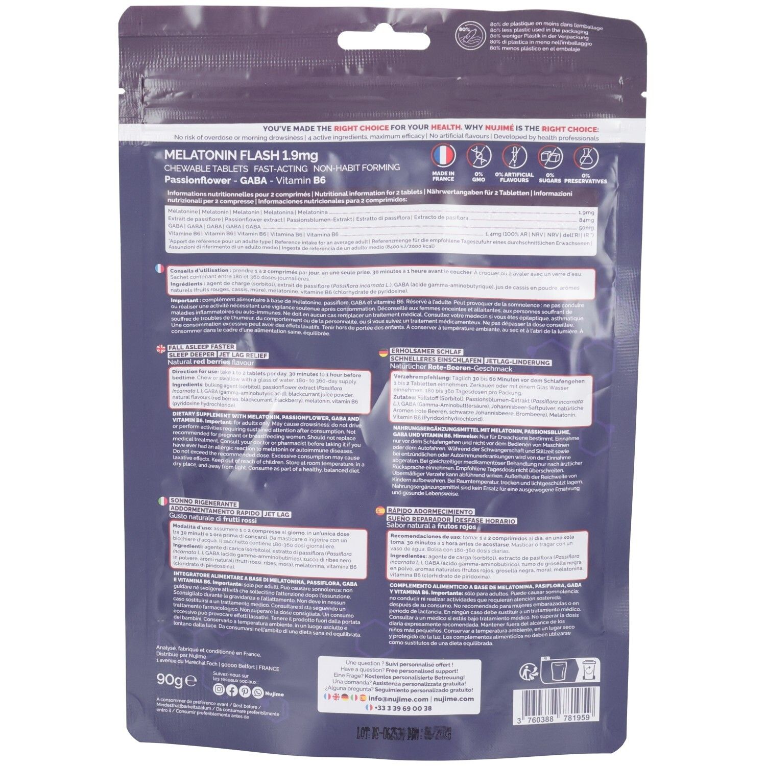 Dos du sachet de comprimés. Contient des informations sur Mélatonine Flash 1,9mg, ingrédients et utilisation.