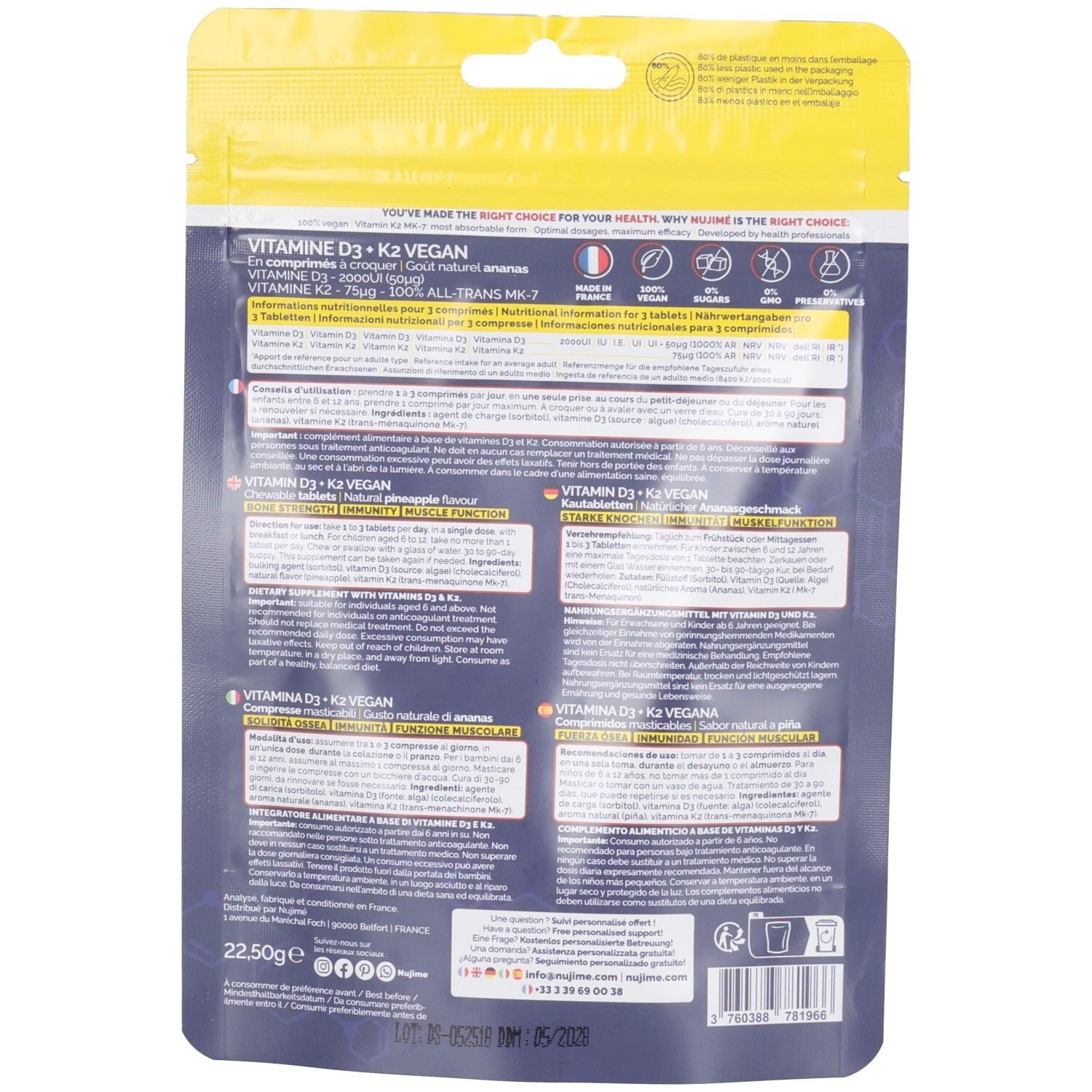 Dos du sachet jaune. Texte: Vitamine D3 + K2 Vegan, informations nutritionnelles, ingrédients, mode d'emploi.