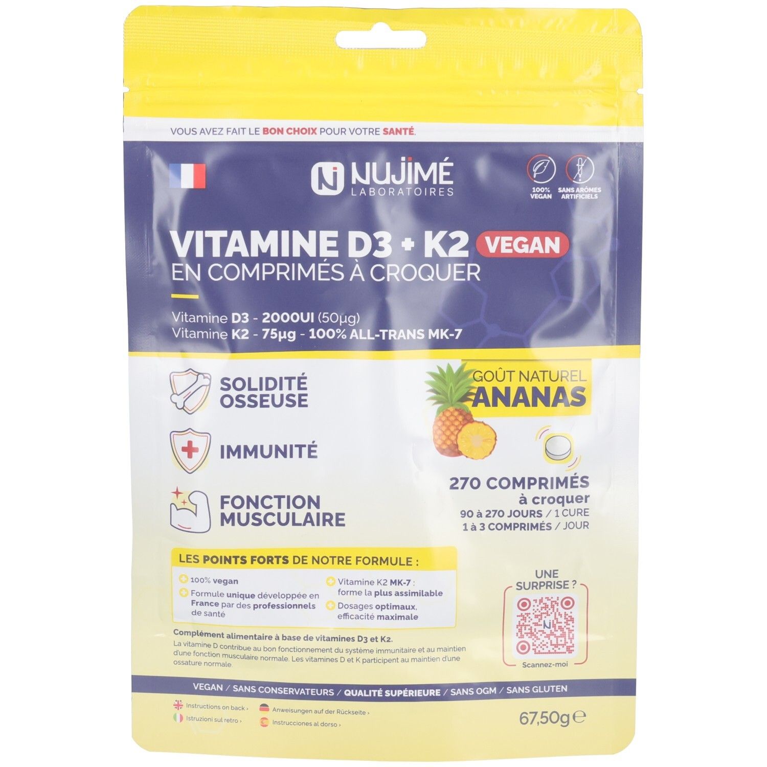 Sachet jaune avec informations produit. Inscription: Vitamine D3 + K2 Vegan, 270 comprimés. Goût naturel ananas.