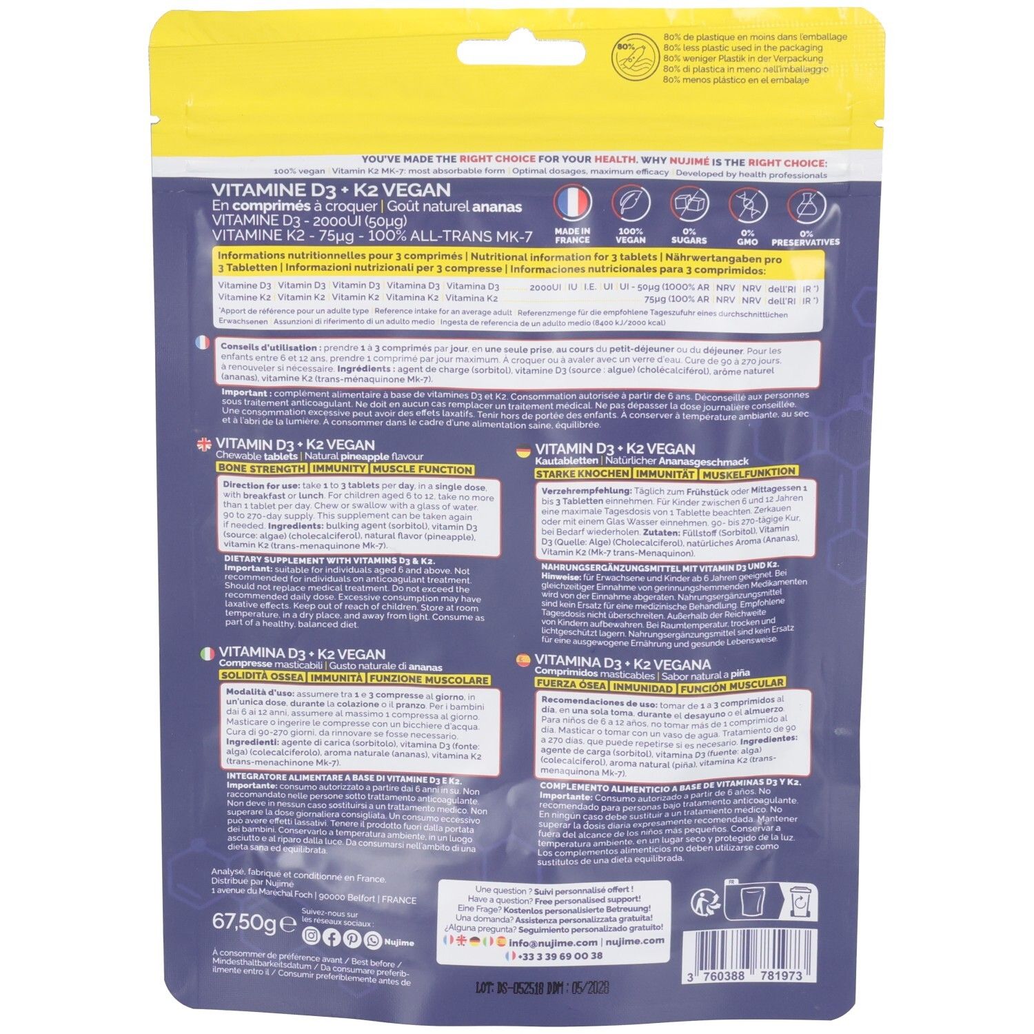 Dos du sachet avec informations produit. Texte multilingue. Contient des informations nutritionnelles.