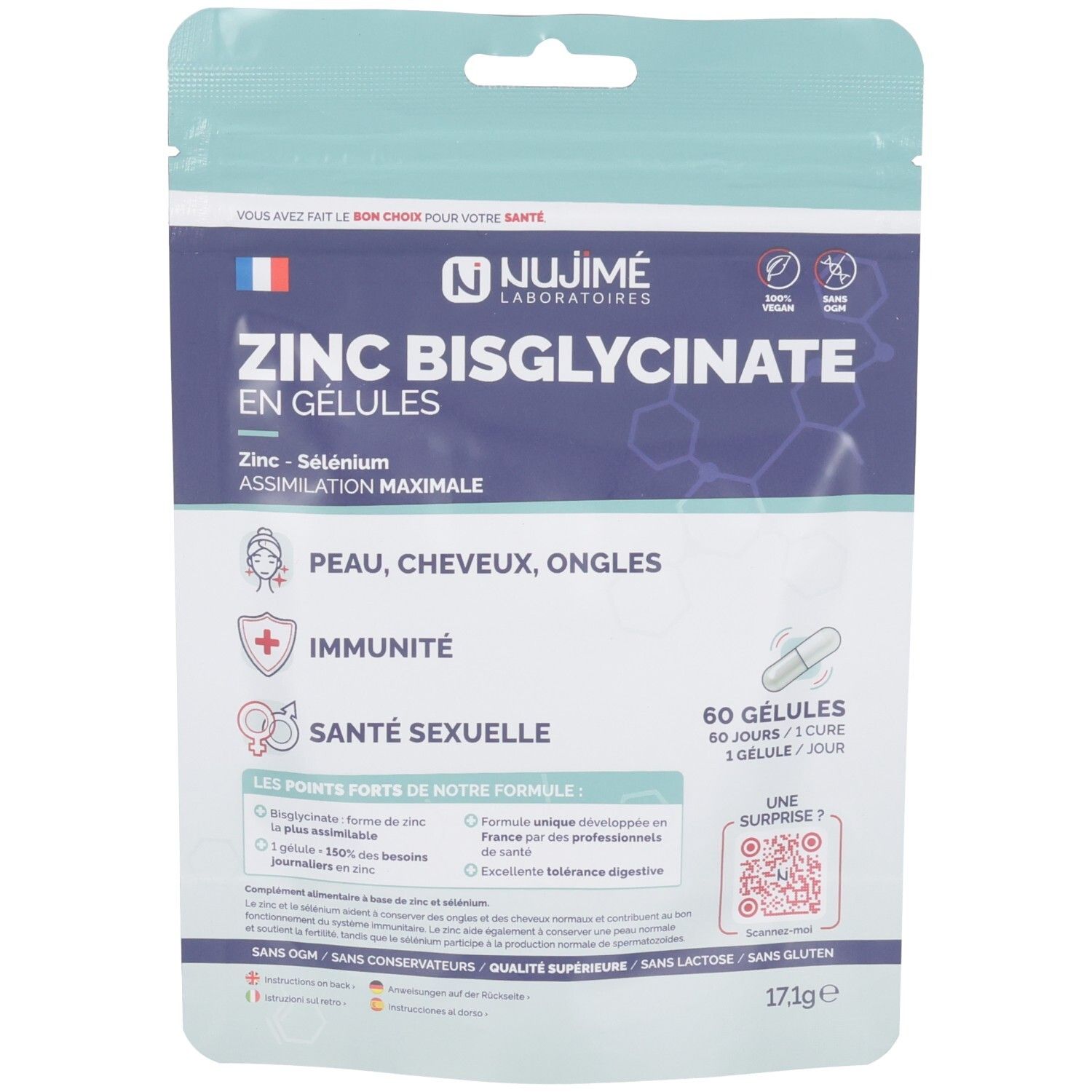 Sachet de gélules. Inscription: ZINC BISGLYCINATE EN GÉLULES. Logo: Nujimé Laboratoires. Contient 60 gélules. Drapeau français visible.