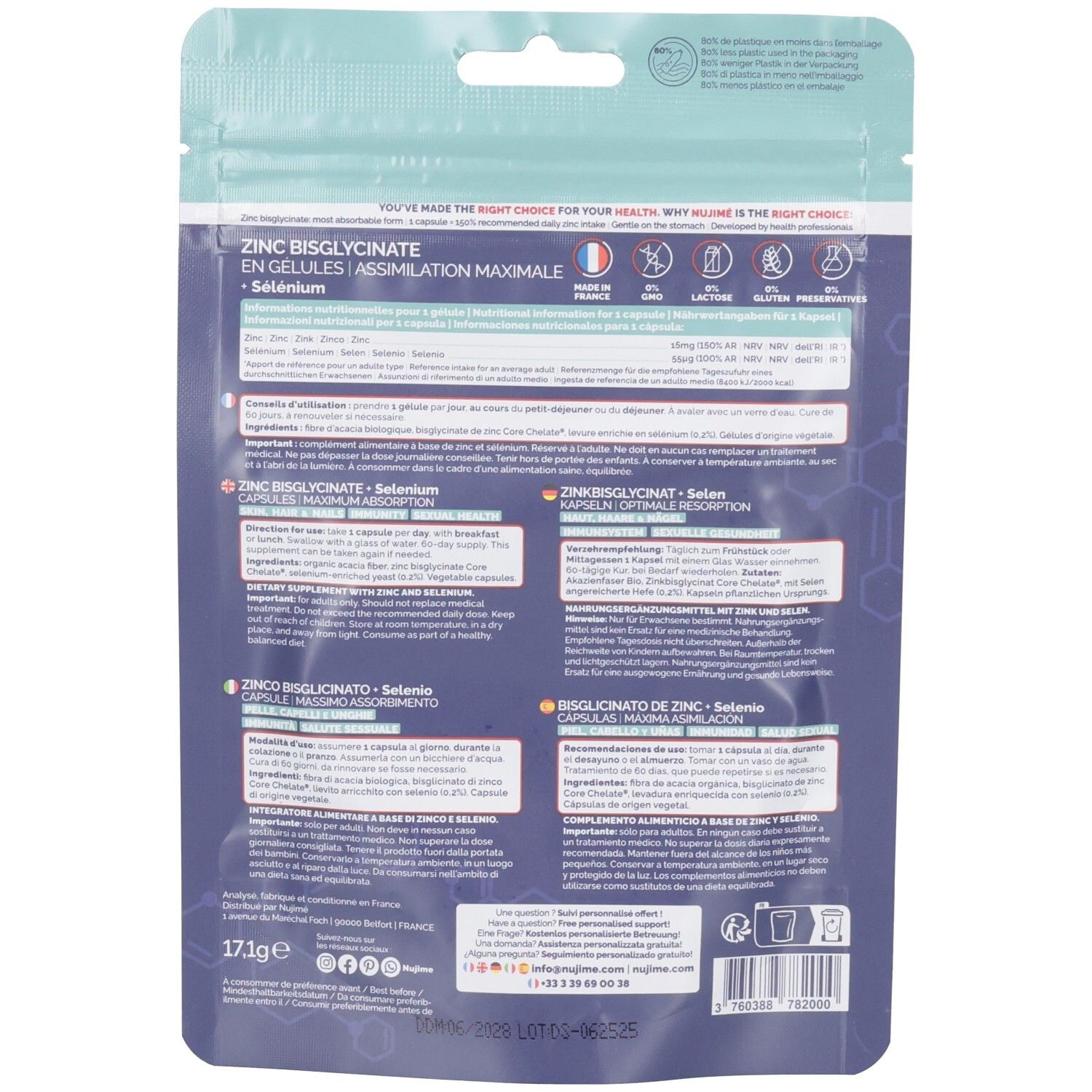 Dos du sachet de gélules. Texte: ZINC BISGLYCINATE EN GÉLULES. Informations sur les ingrédients et l'utilisation. Drapeau français visible.