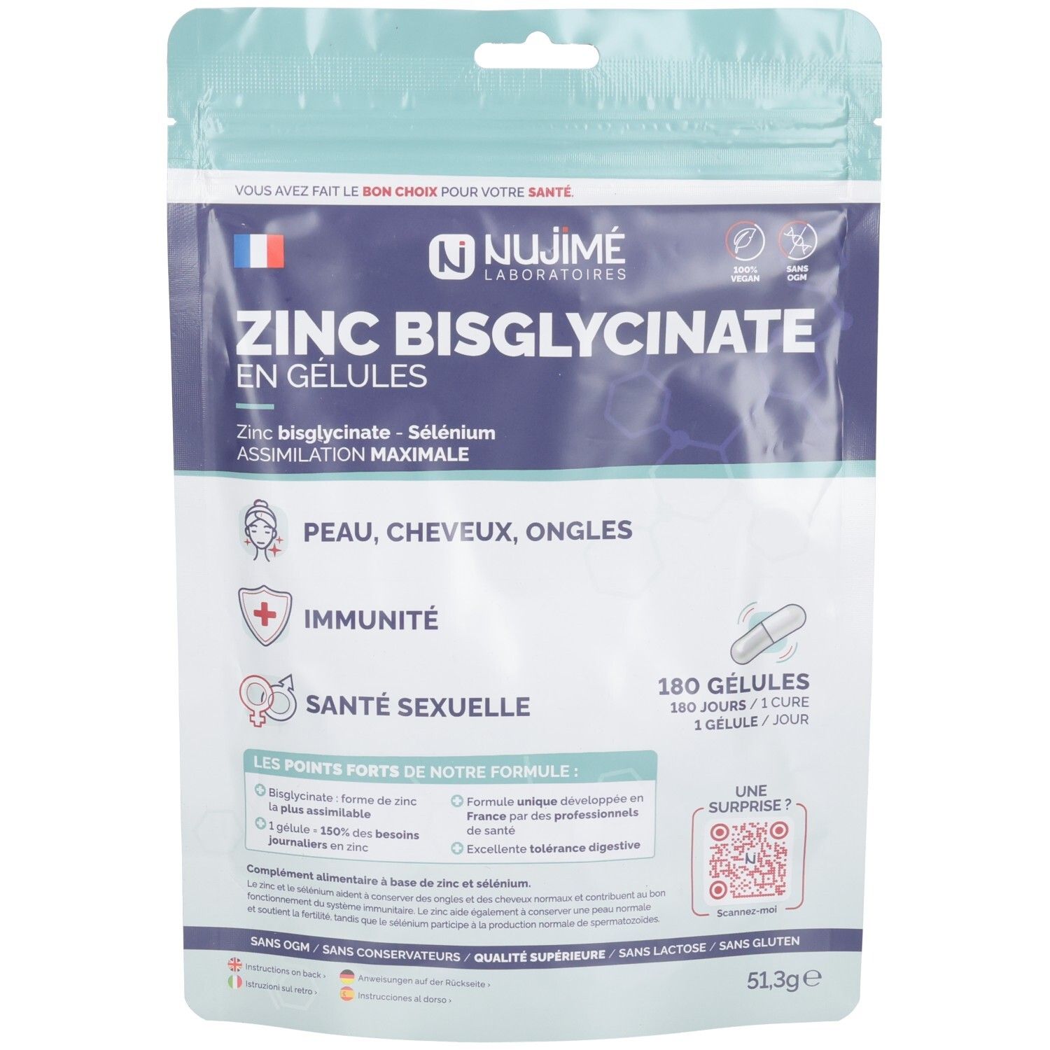 Sachet de gélules. Inscription: Zinc Bisglycinate en gélules. 180 gélules. Logo Nujimé Laboratoires.