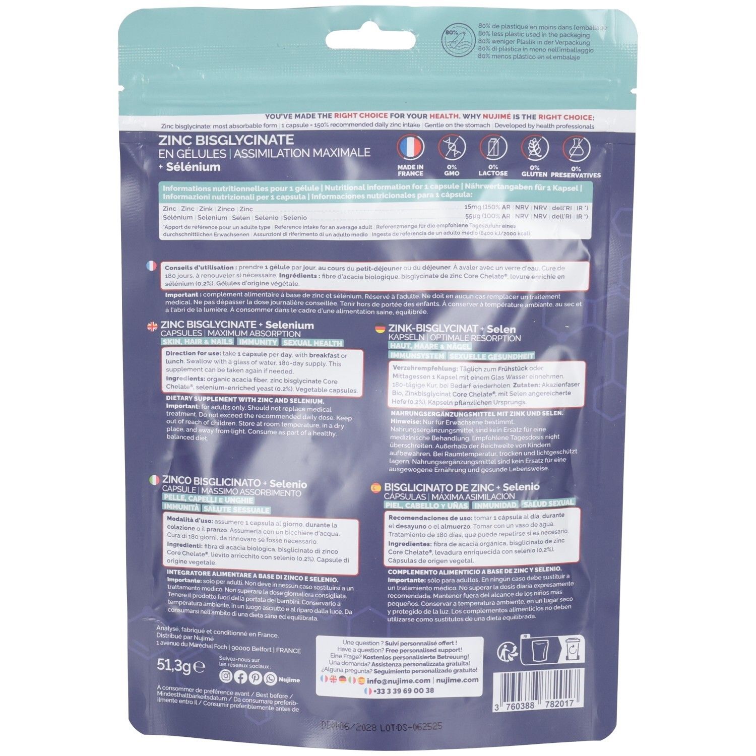 Dos du sachet avec texte. Contient des informations sur Zinc Bisglycinate en gélules.
