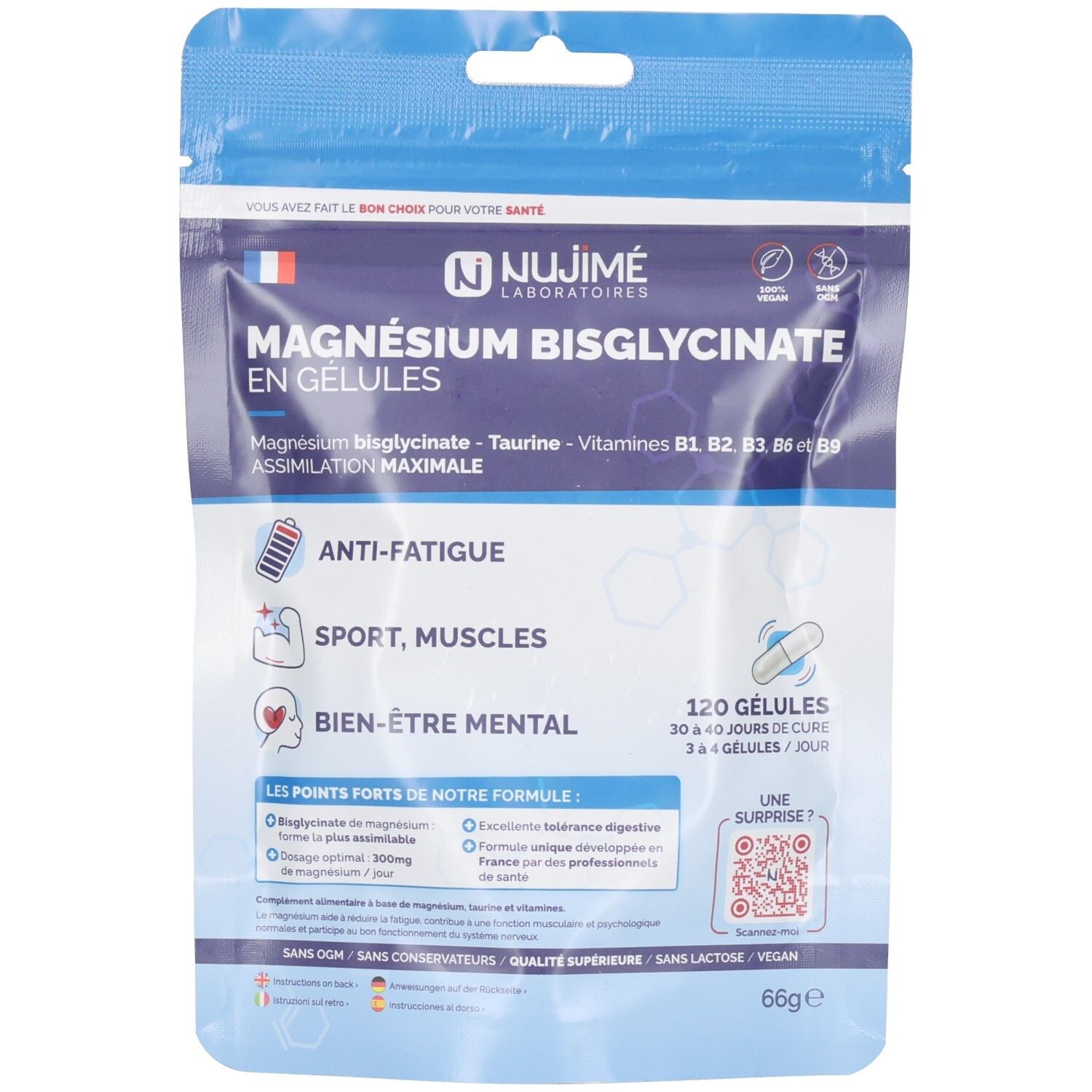 Sachet de compléments alimentaires. Inscription: Magnésium Bisglycinate en Gélules. Contient 120 gélules. Emballage bleu et blanc.